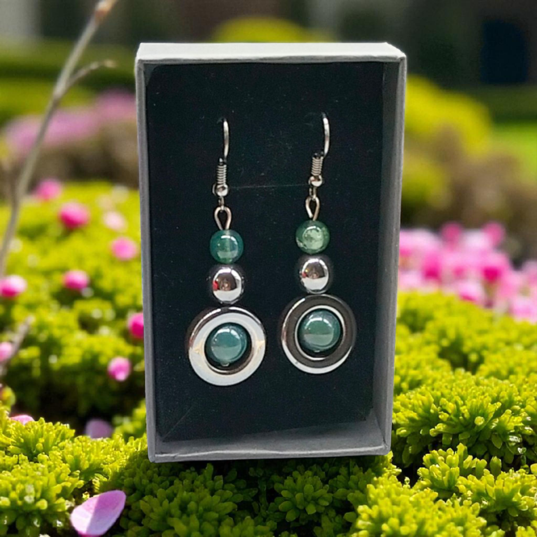 Boucles d'Oreilles Agate Mousse & Hématite - Ancrage & Équilibre - Pierres Naturelles Fait Main