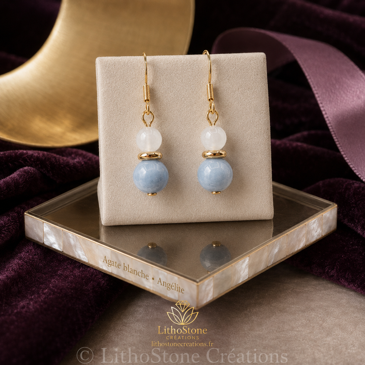 Boucles d'oreilles Angélite Agate blanche- Pierres Naturelles – Fait Main |-Lithostone Creations