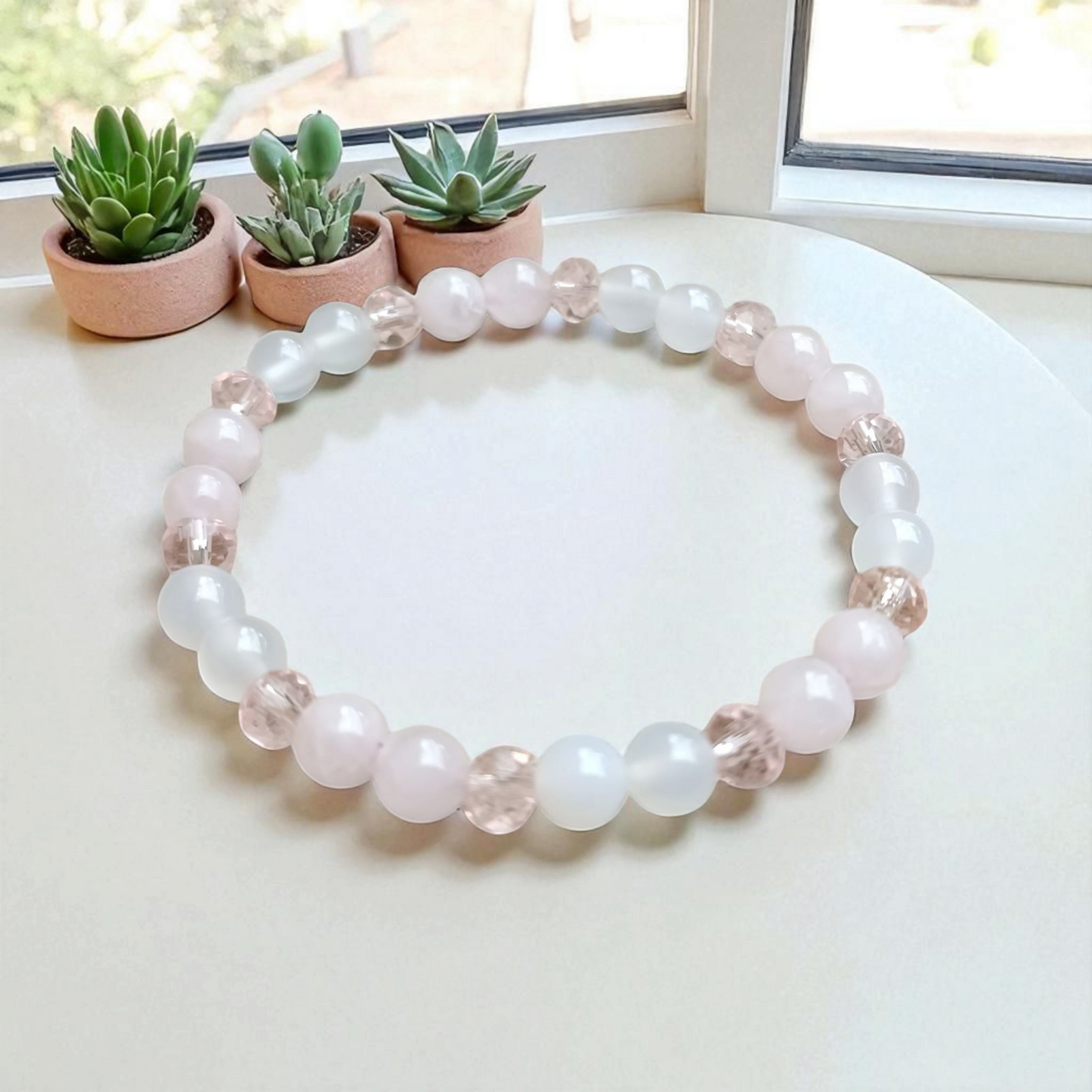 Bracelet en Agate Blanche & Quartz Rose – Douceur & Équilibre