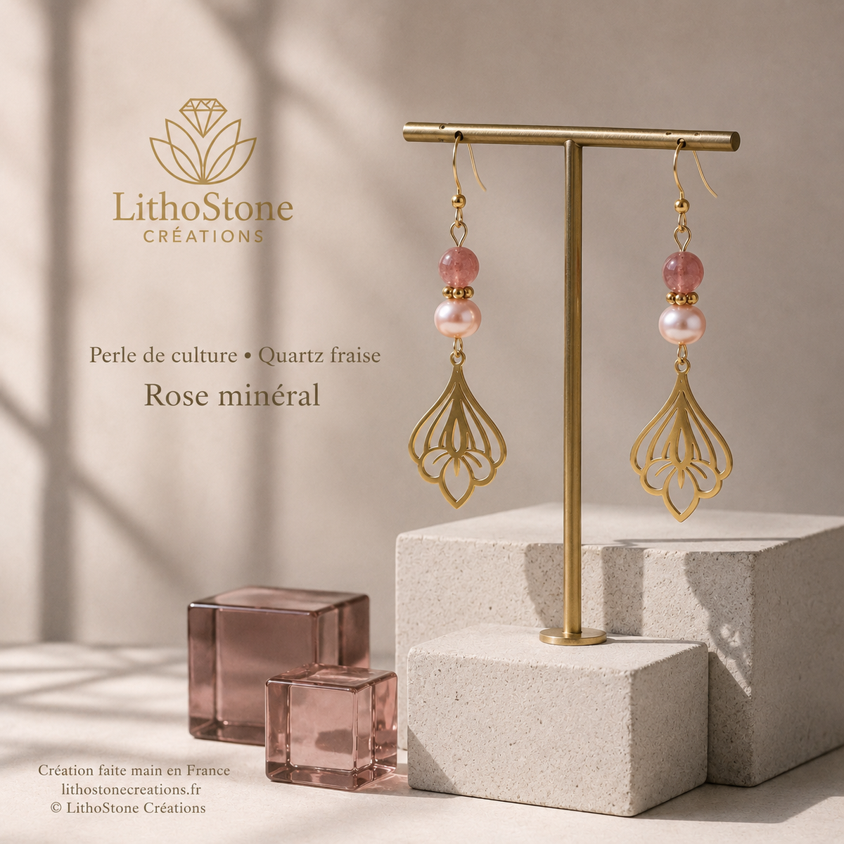 Boucles d'oreilles Pendantes Quartz Fraise & Perle de Culture Baroque - Faites Main