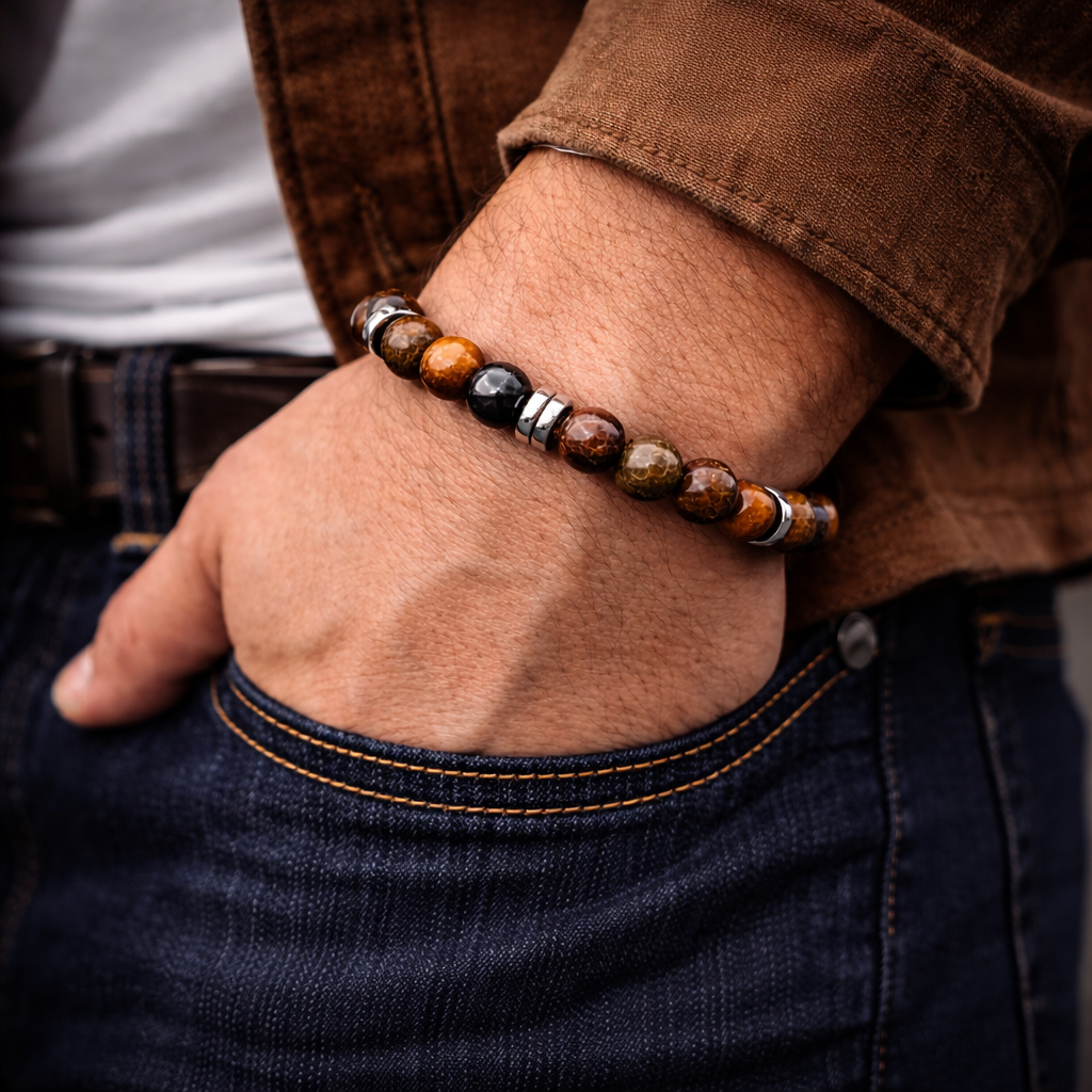 Bracelet Homme Bronzite, Œil de Tigre & Hématite - Force & Protection - Fait Main