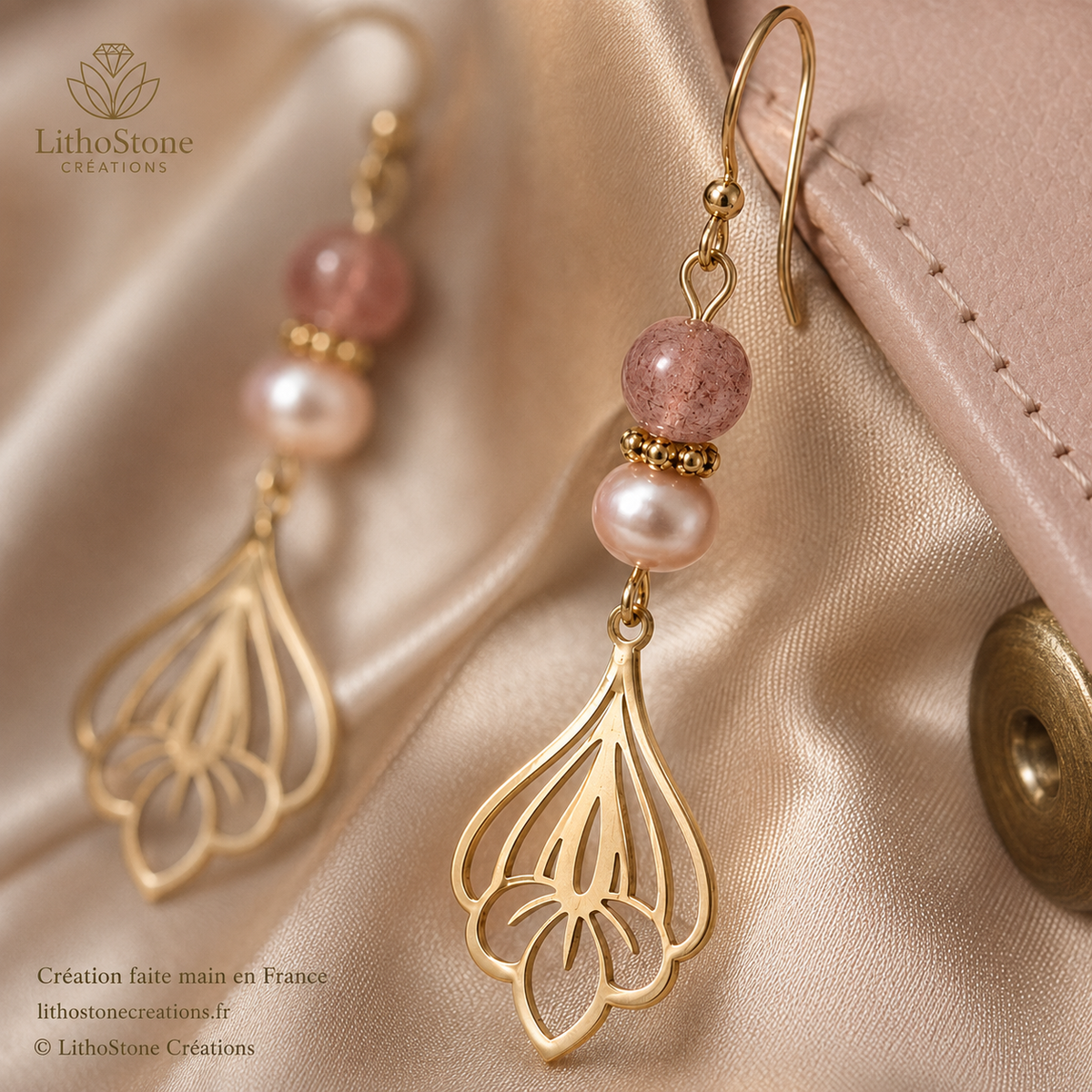 Boucles d'oreilles Pendantes Quartz Fraise & Perle de Culture Baroque - Faites Main