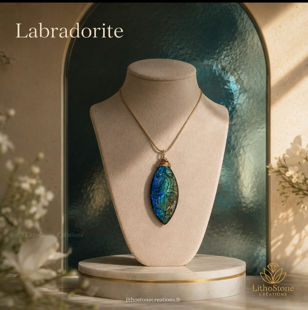 Collier en Labradorite Naturelle Sculptée – Pièce Unique