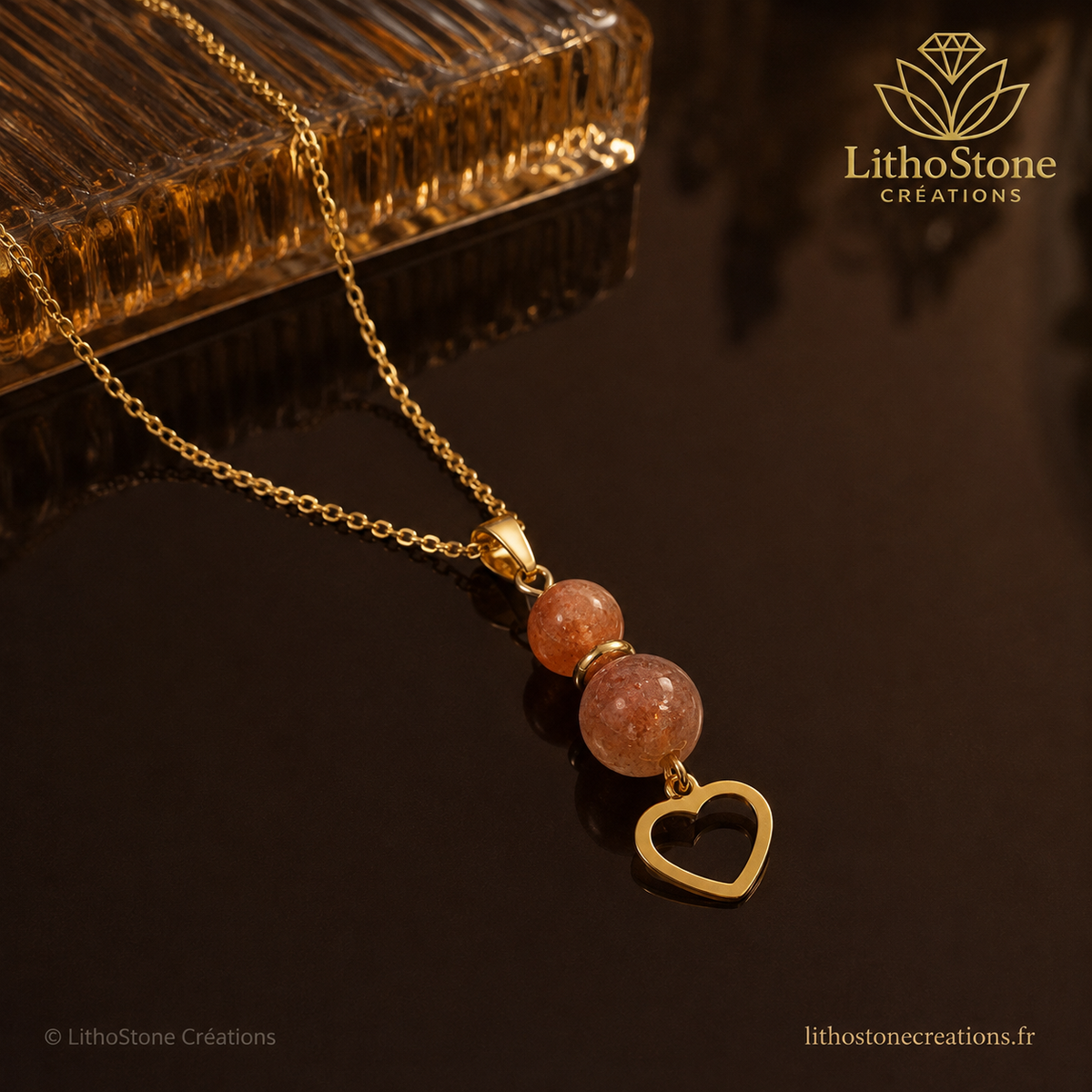Collier Pierres de Soleil & Cœur Acier - Lithostone