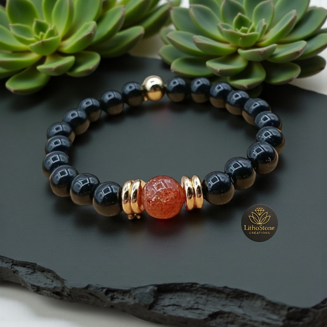 Bracelet Femme Agate Noire & Pierre de Soleil - Force & Vitalité - Fait Main