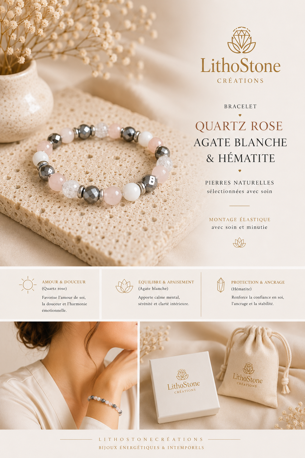 Bracelet Quartz Rose, Howlite & Hématite | Lithostone Creations