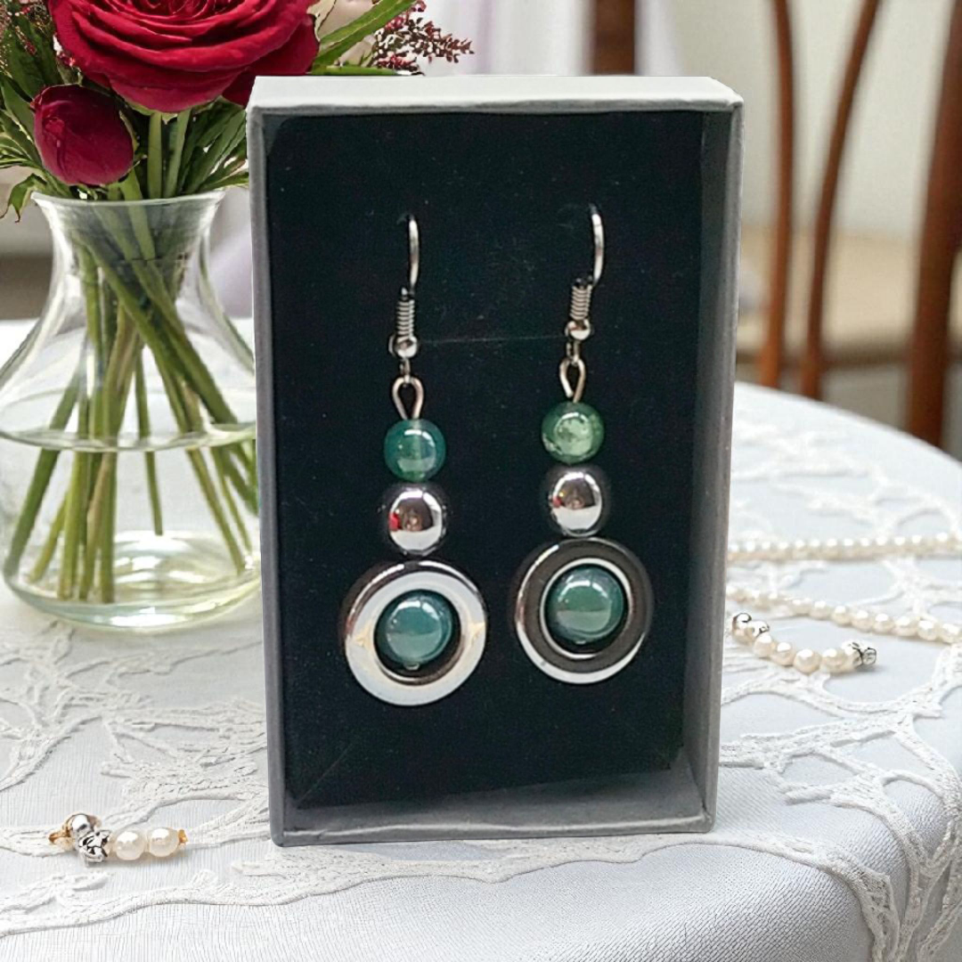 Boucles d'Oreilles Agate Mousse & Hématite - Ancrage & Équilibre - Pierres Naturelles Fait Main