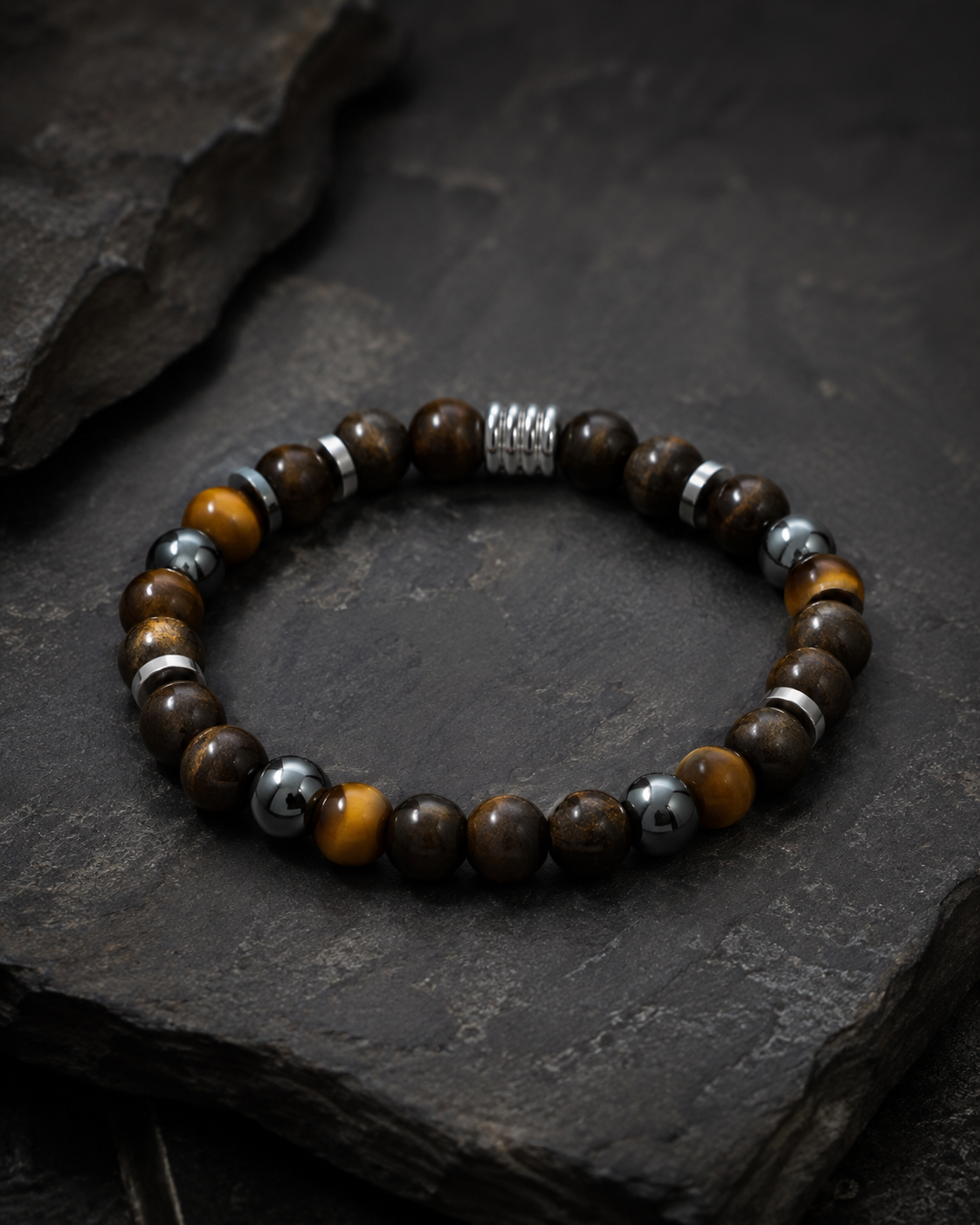 Bracelet Homme Bronzite, Œil de Tigre & Hématite - Force & Protection - Fait Main