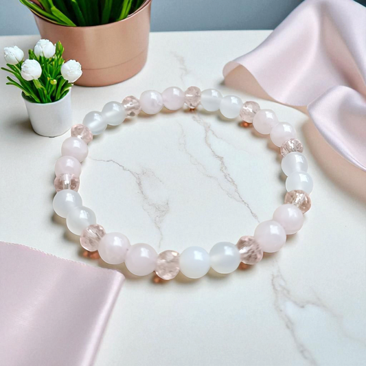 Bracelet en Agate Blanche & Quartz Rose – Douceur & Équilibre