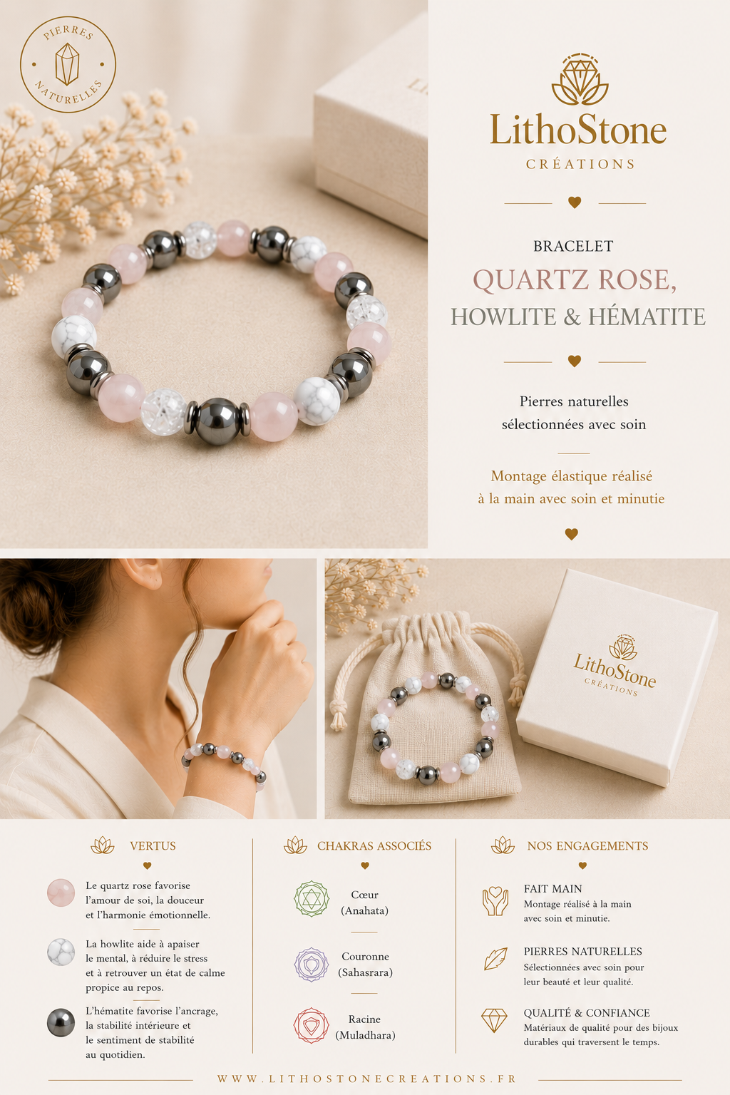 Bracelet Quartz Rose, Howlite & Hématite | Lithostone Creations