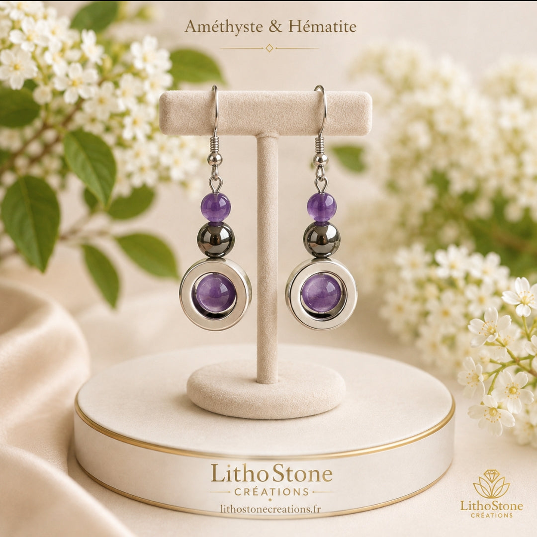 Boucles d’Oreilles Améthyste & Hématite – Harmonie et Protection