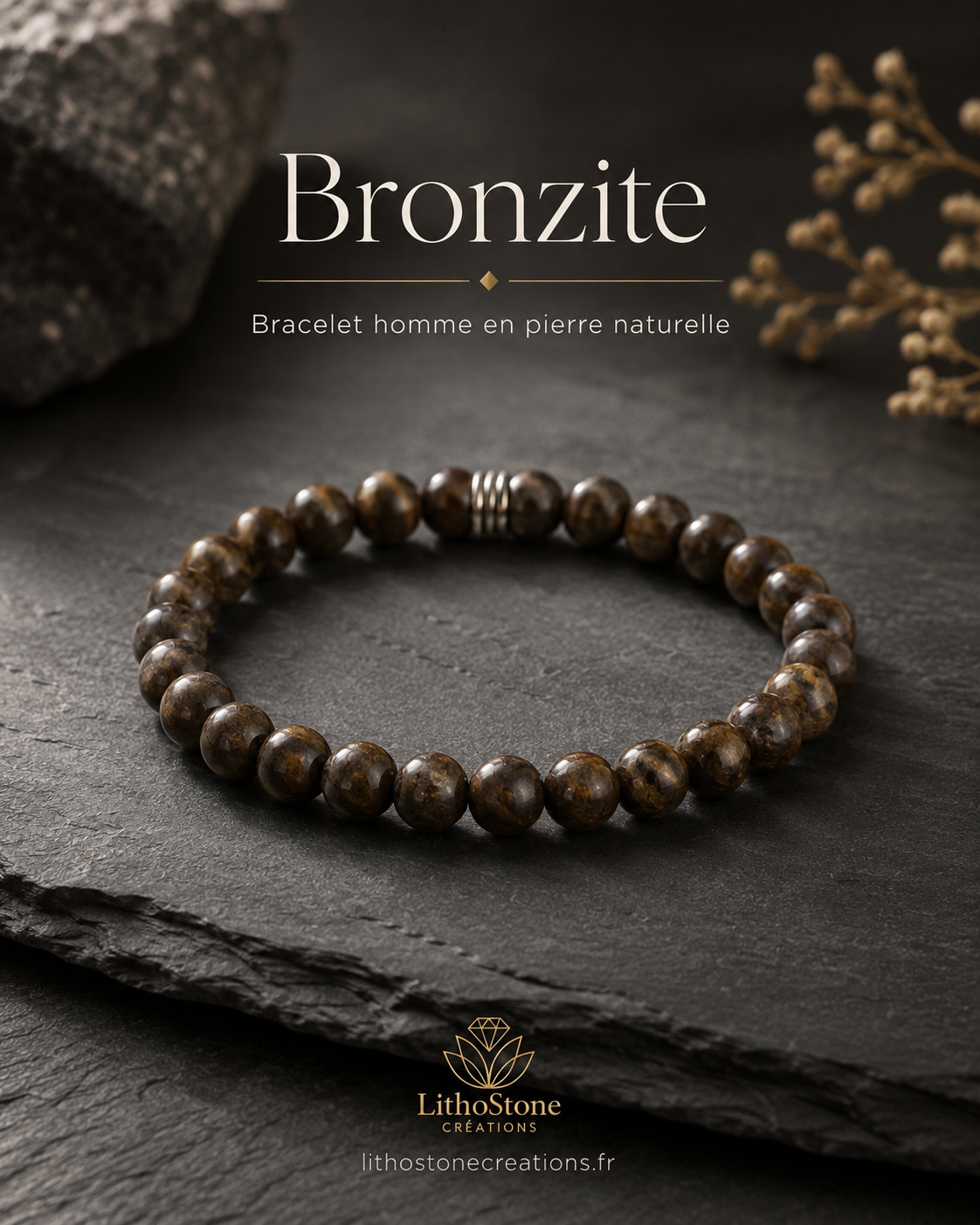 Bracelet Homme Bronzite – Pierre Naturelle Fait Main