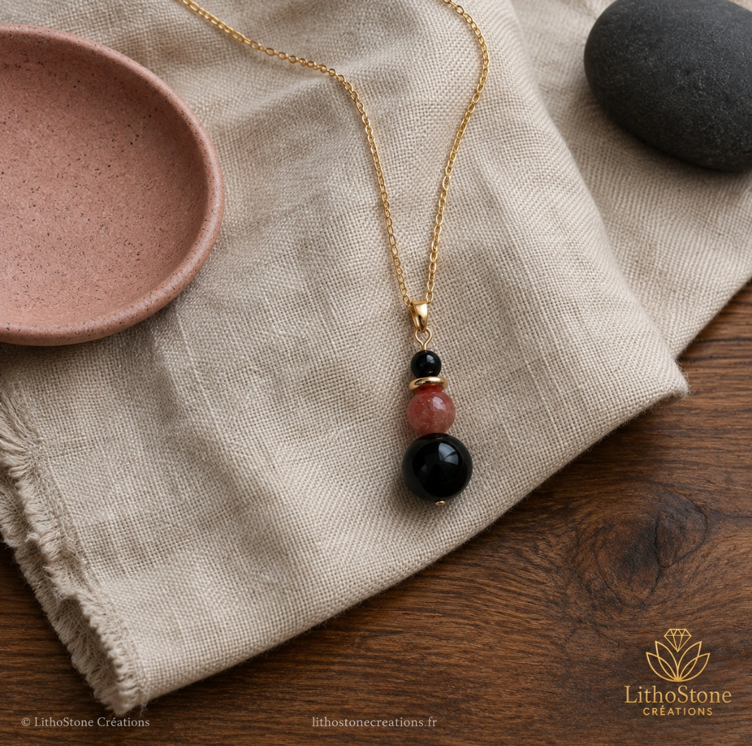 Collier Agate Noire & Pierre de Soleil - Pierre Naturelle
