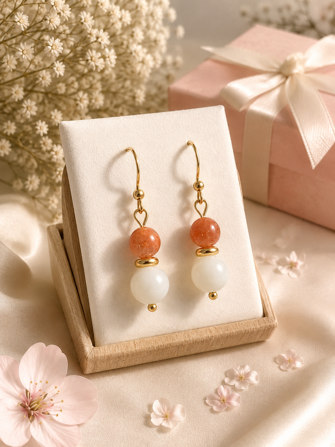 Boucles d’oreilles Pierre de Soleil & Agate Blanche – Acier inoxydable doré