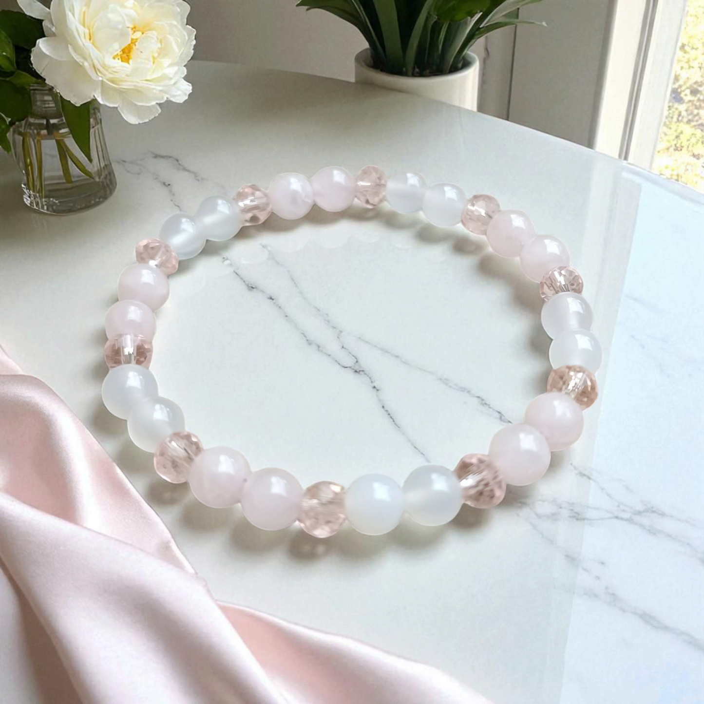 Bracelet en Agate Blanche & Quartz Rose – Douceur & Équilibre