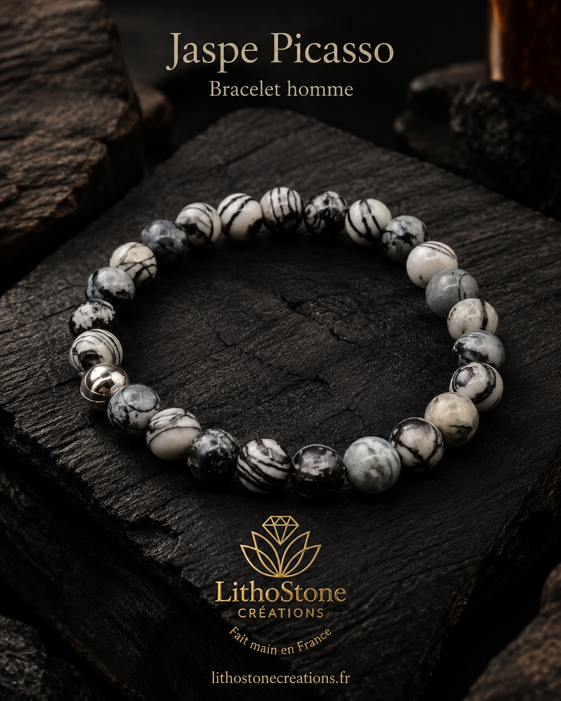 Bracelet Homme Jaspe Picasso – Stabilité & Créativité - Pierre Naturelle Fait Main