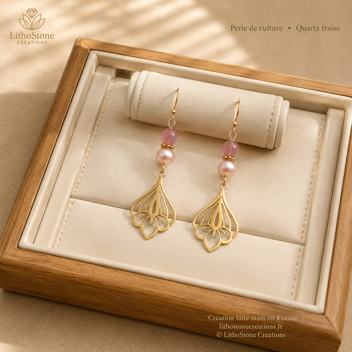 Boucles d'oreilles Pendantes Quartz Fraise & Perle de Culture Baroque - Faites Main