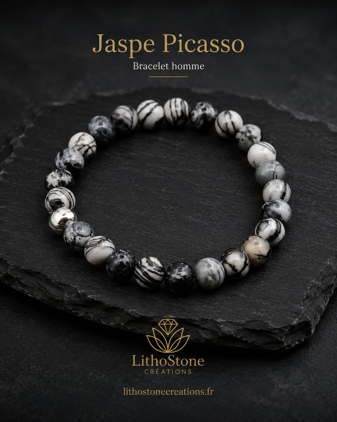 Bracelet Homme Jaspe Picasso – Stabilité & Créativité - Pierre Naturelle Fait Main