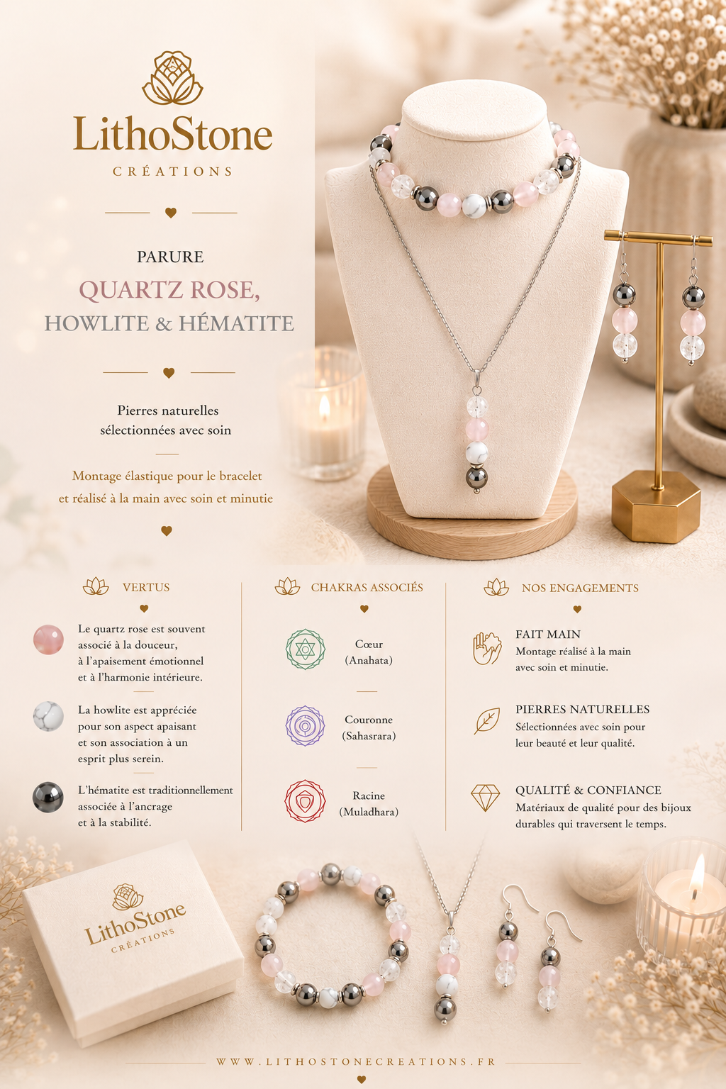 Parure 3 Pièces Quartz Rose, Howlite & Hématite | Lithostone Creations