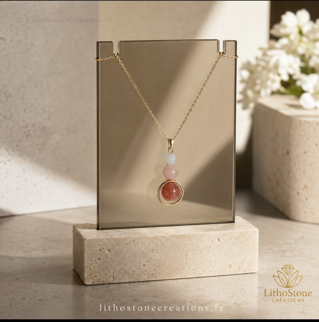 Collier Pendentif Pierre de Lune & Pierre de Soleil - Fait Main en France - Lithostone Creations