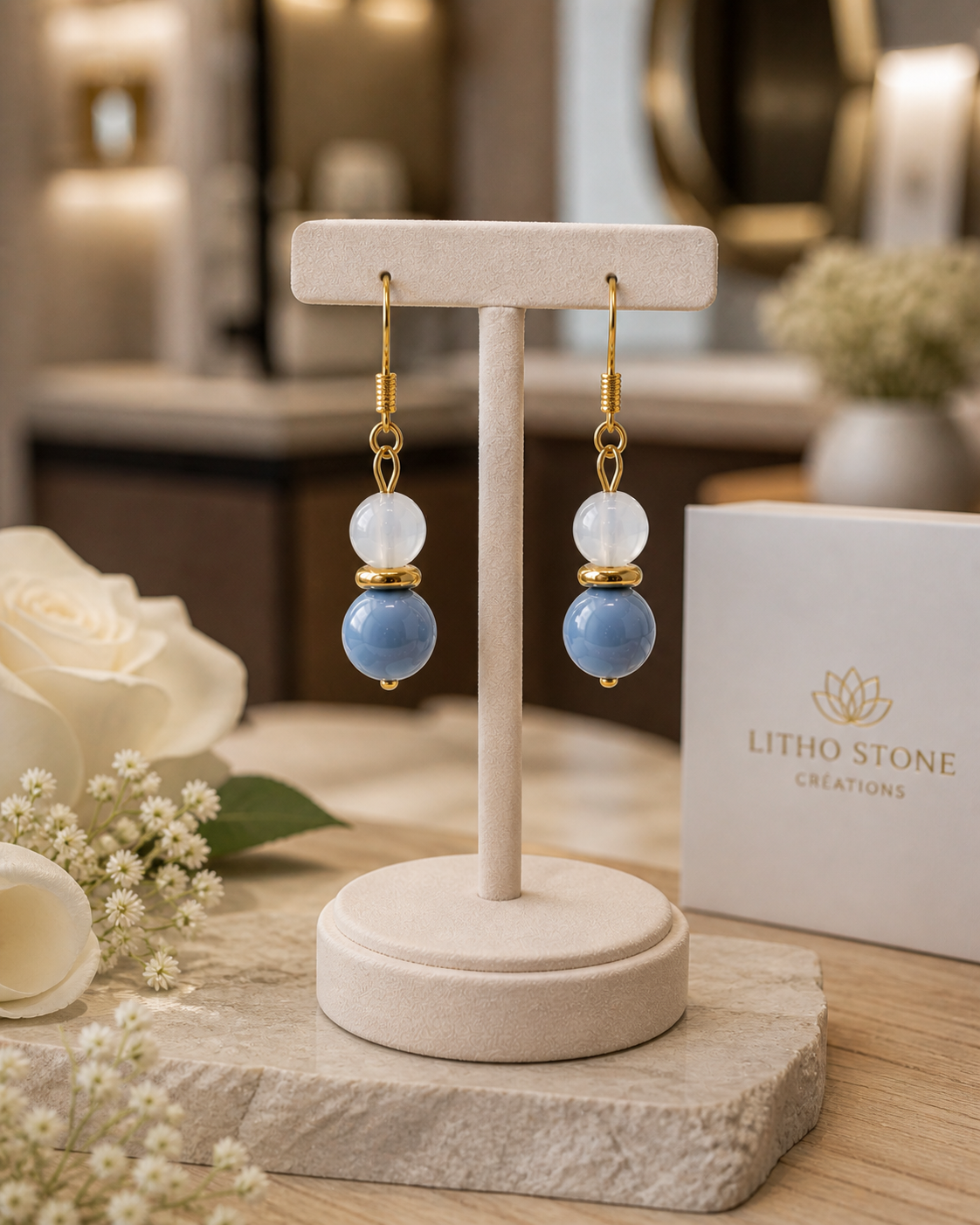 Boucles d'oreilles Angélite Agate blanche- Pierres Naturelles – Fait Main |-Lithostone Creations