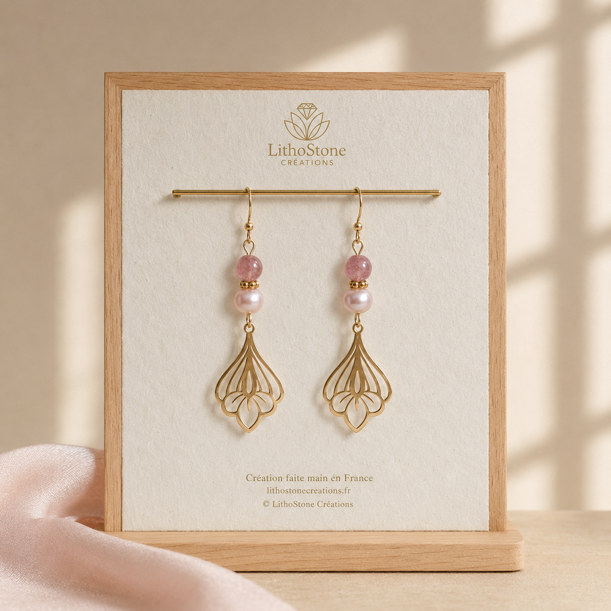 Boucles d'oreilles Pendantes Quartz Fraise & Perle de Culture Baroque - Faites Main