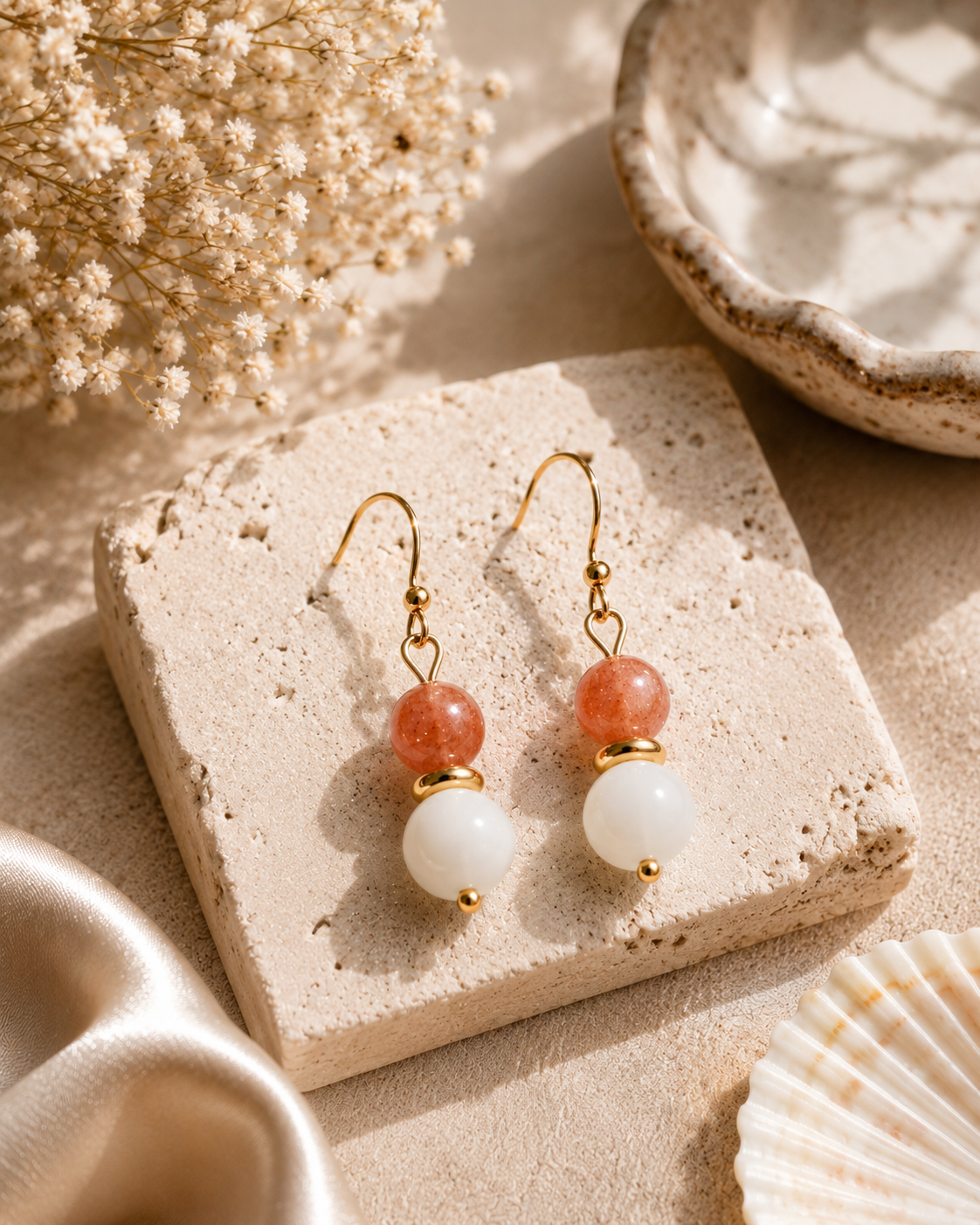 Boucles d’oreilles Pierre de Soleil & Agate Blanche – Acier inoxydable doré