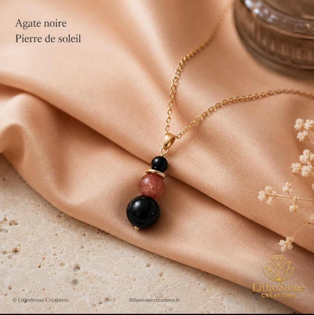 Collier Agate Noire & Pierre de Soleil - Pierre Naturelle