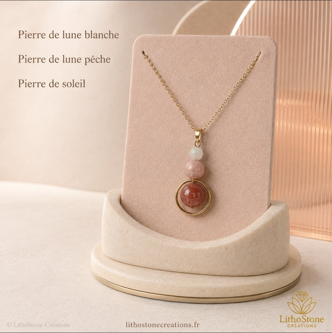 Collier Pendentif Pierre de Lune & Pierre de Soleil - Fait Main en France - Lithostone Creations