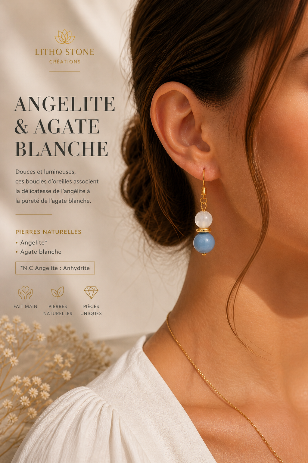 Boucles d'oreilles Angélite Agate blanche- Pierres Naturelles – Fait Main |-Lithostone Creations