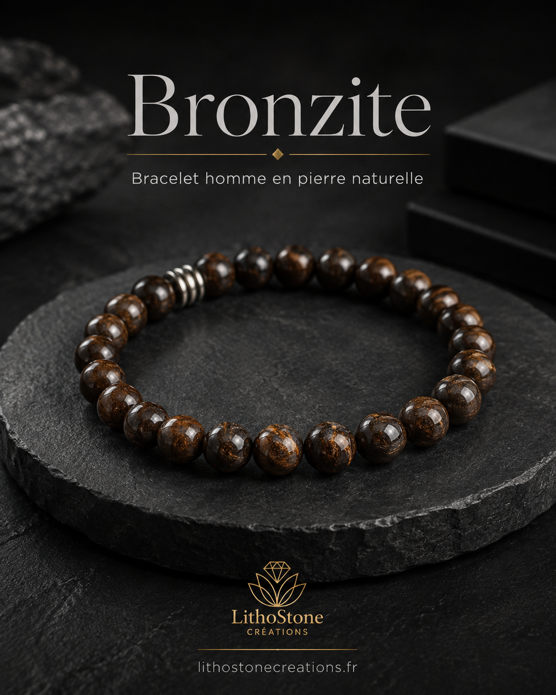 Bracelet Homme Bronzite – Pierre Naturelle Fait Main