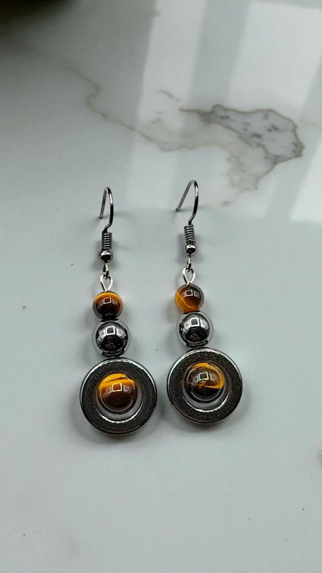 Boucles d’oreilles Œil de Tigre & Hématite – Énergie & Protection