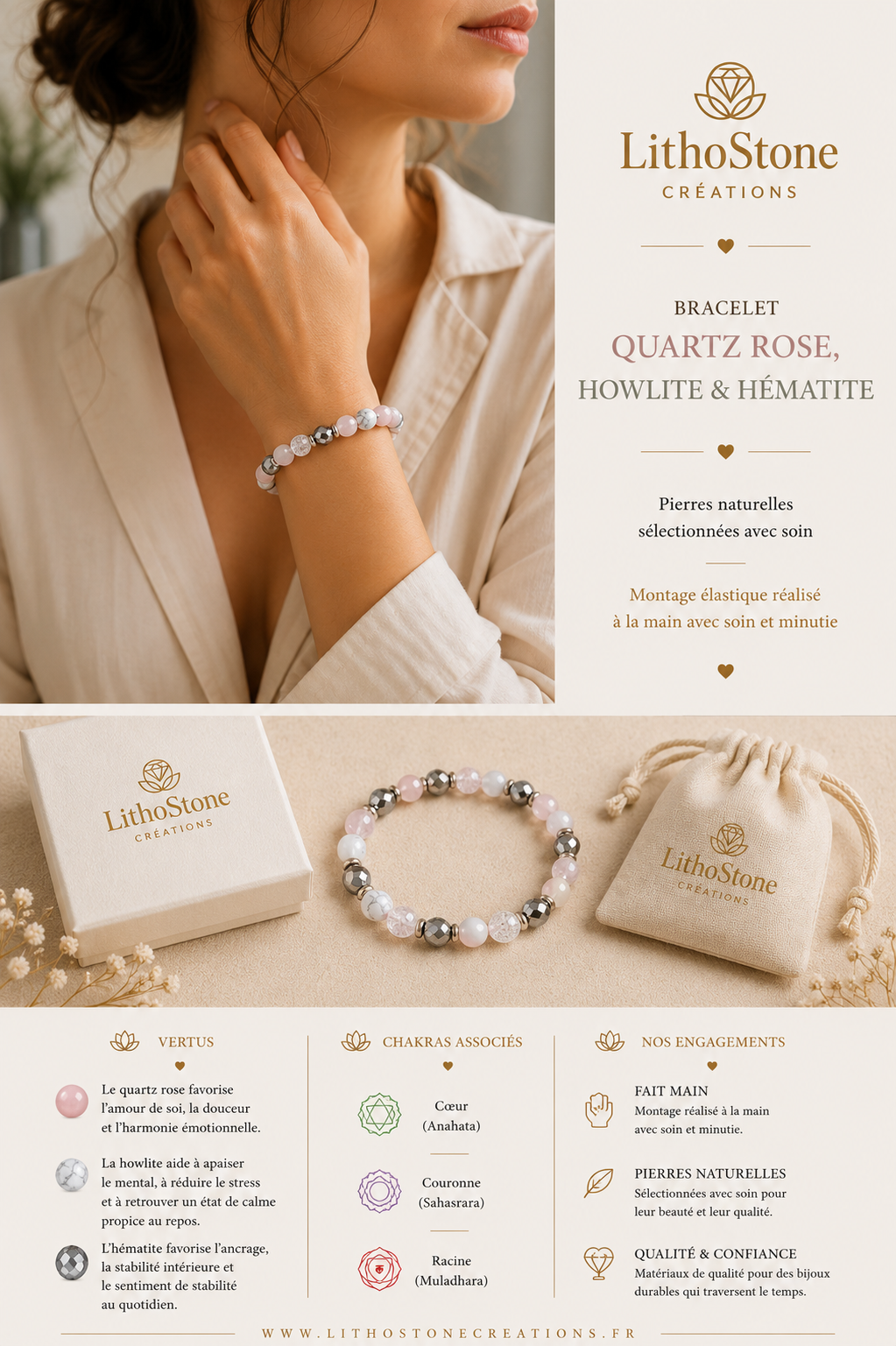 Bracelet Quartz Rose, Howlite & Hématite | Lithostone Creations