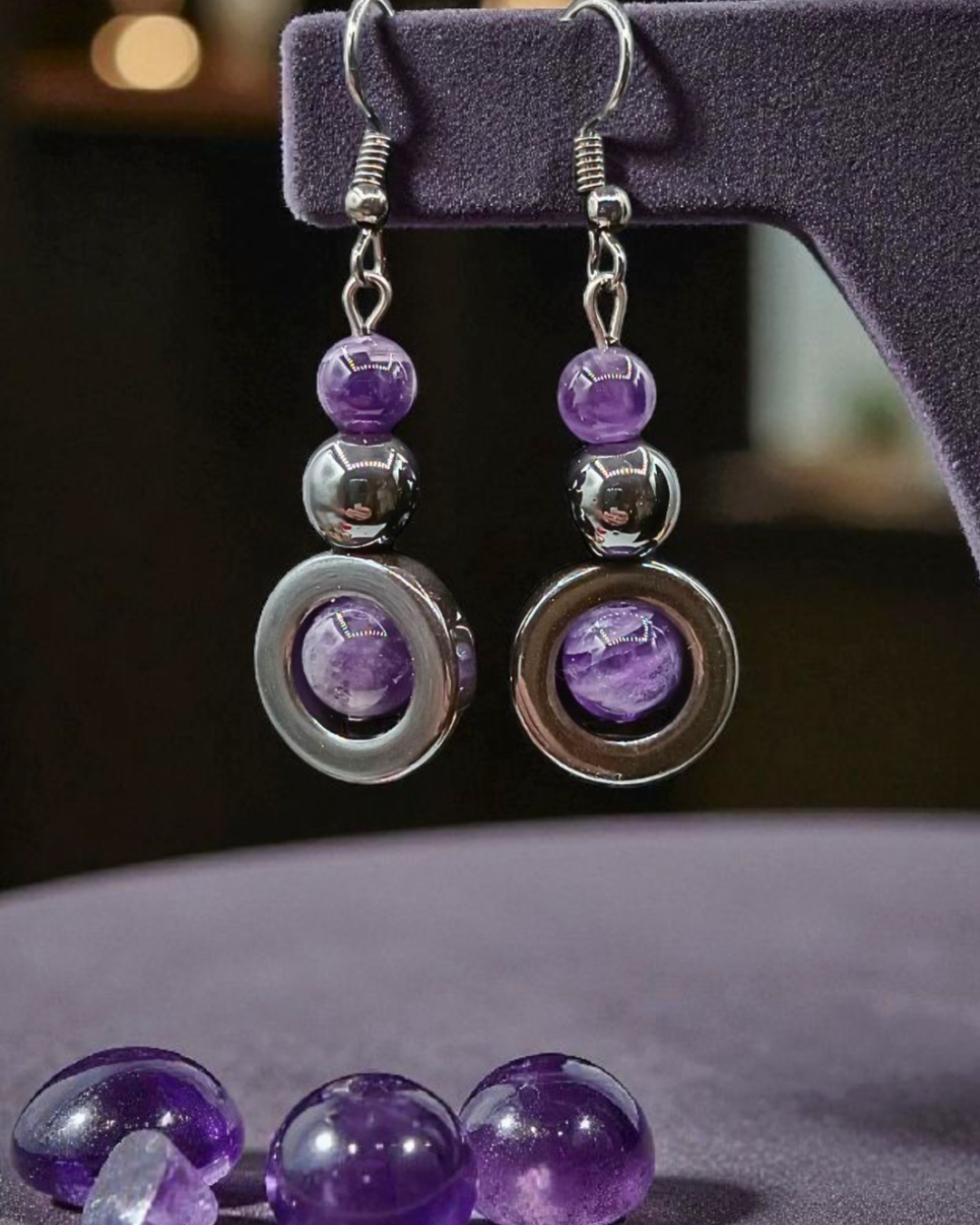 Boucles d’Oreilles Améthyste & Hématite – Harmonie et Protection