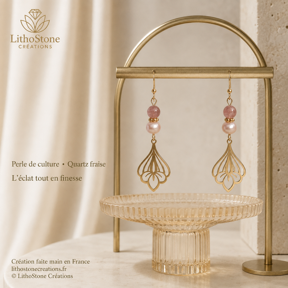 Boucles d'oreilles Pendantes Quartz Fraise & Perle de Culture Baroque - Faites Main