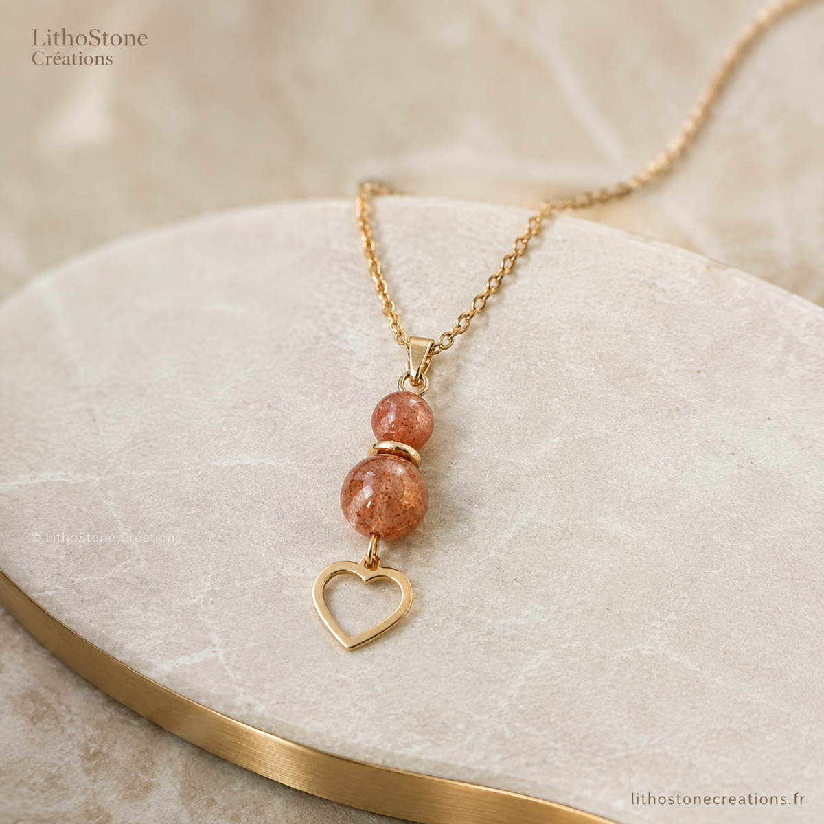 Collier Pierres de Soleil & Cœur Acier - Lithostone