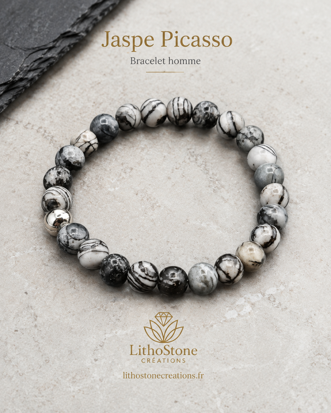 Bracelet Homme Jaspe Picasso – Stabilité & Créativité - Pierre Naturelle Fait Main