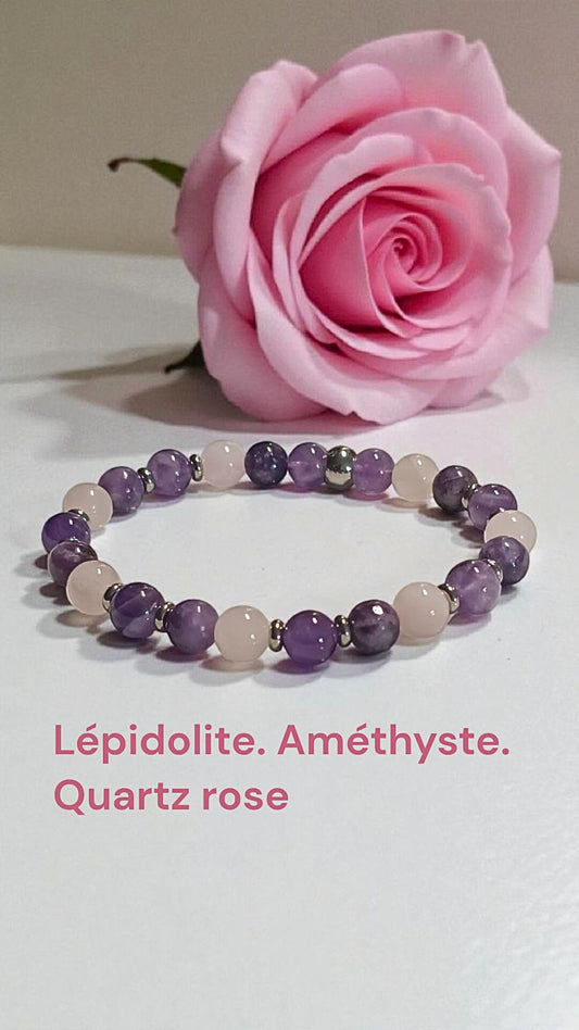 Bracelet en Lépidolite, Améthyste & Quartz Rose – Sérénité & Douceur du cœur