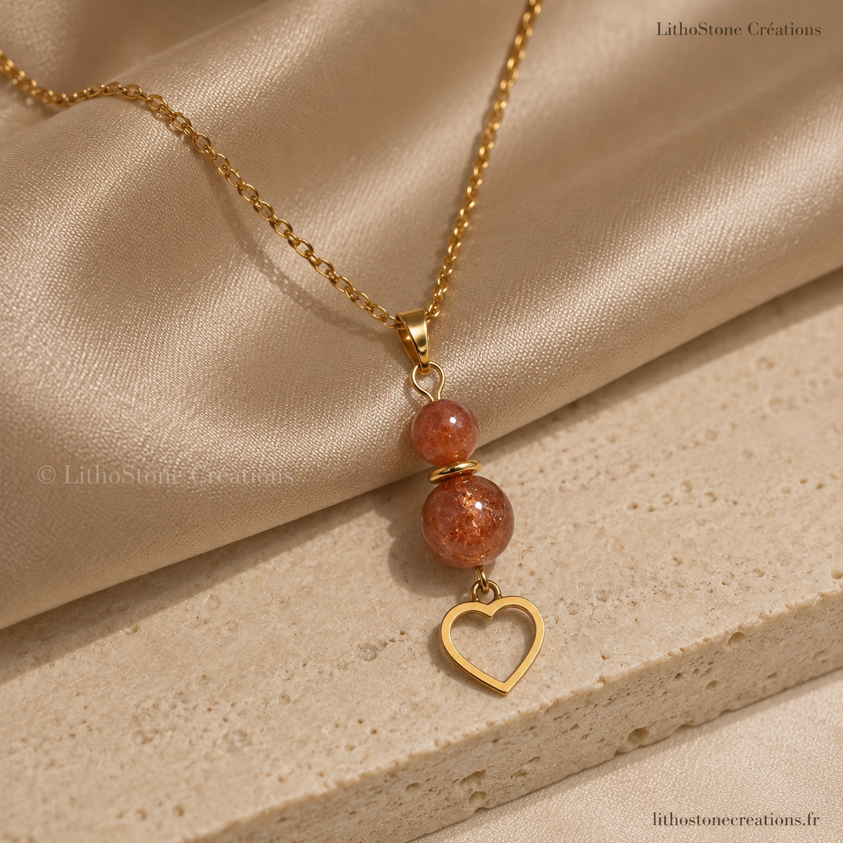 Collier Pierres de Soleil & Cœur Acier - Lithostone