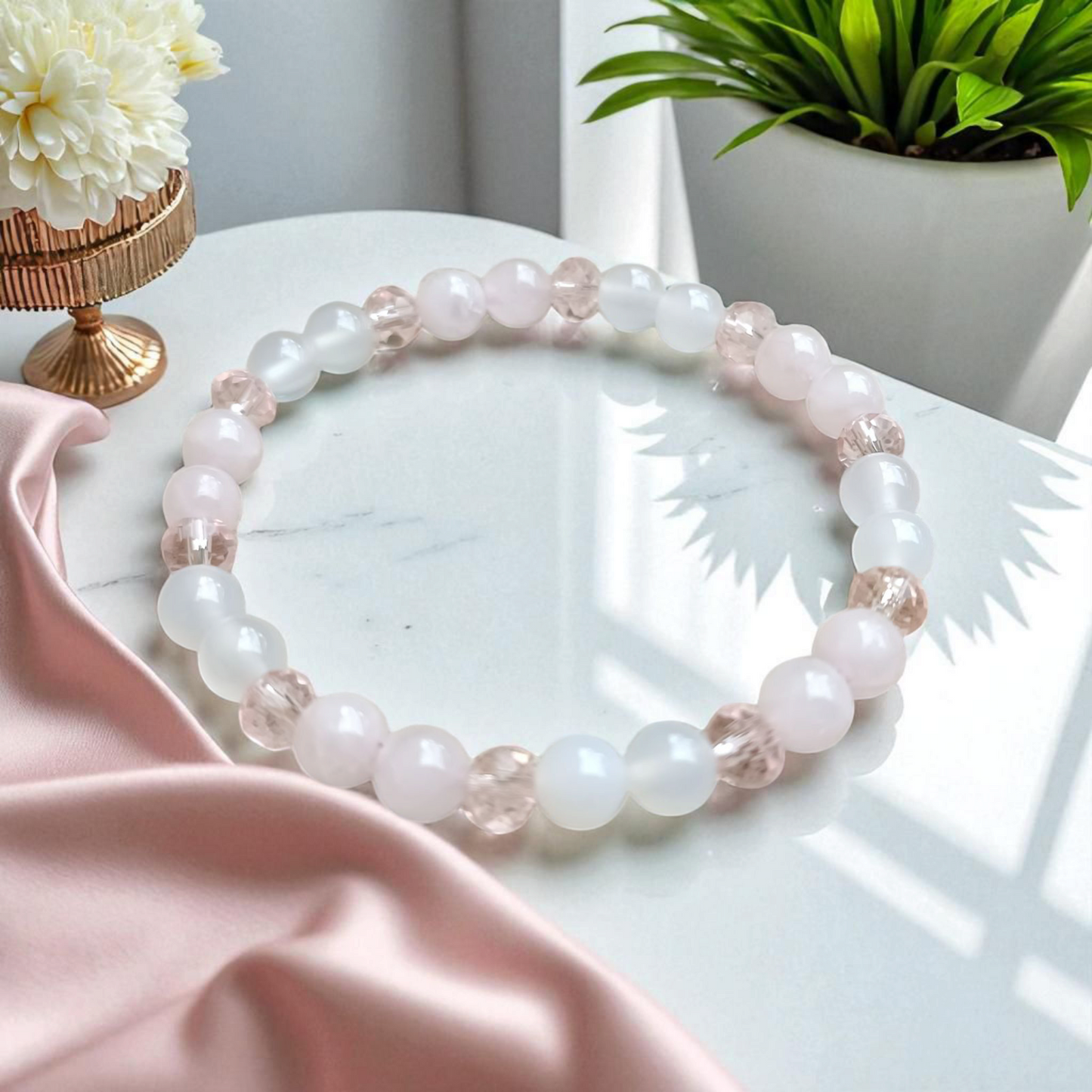 Bracelet en Agate Blanche & Quartz Rose – Douceur & Équilibre