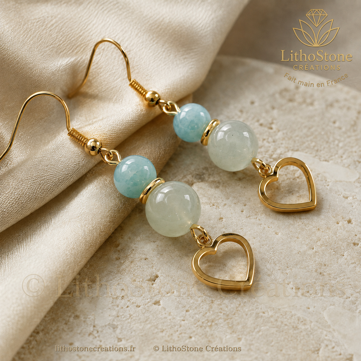 Boucles d’oreilles en Aventurine & Amazonite – Cœur doré & Harmonie intérieure
