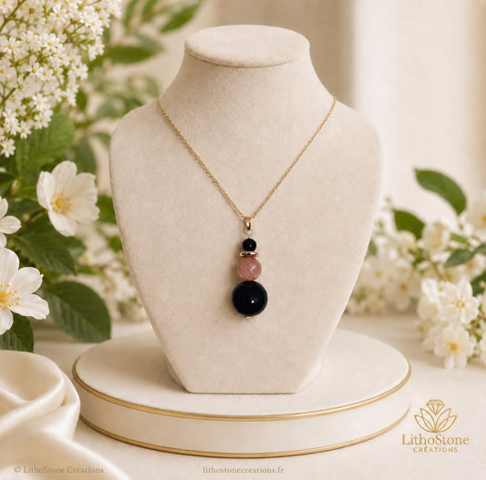 Collier Agate Noire & Pierre de Soleil - Pierre Naturelle