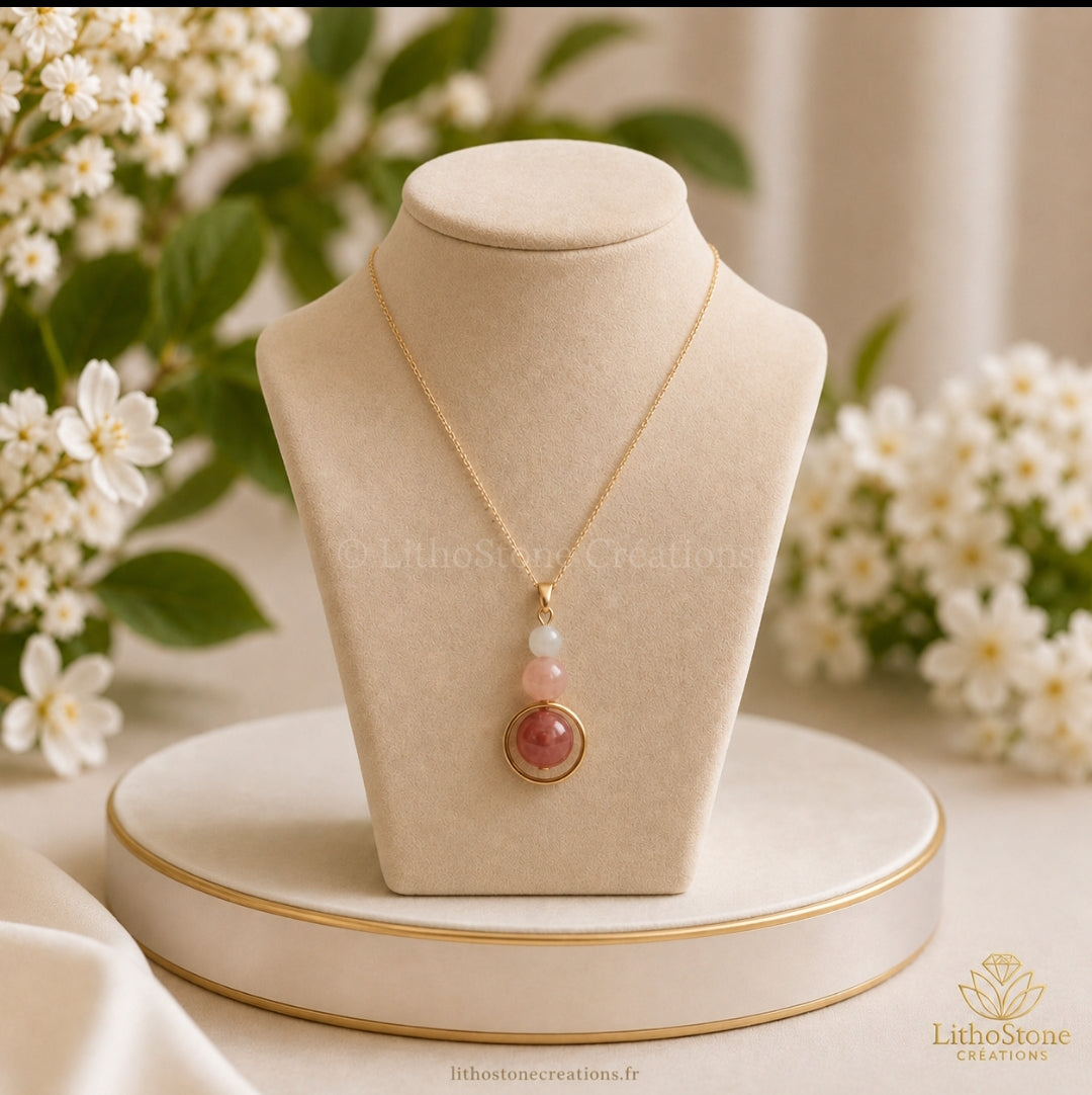 Collier Pendentif Pierre de Lune & Pierre de Soleil - Fait Main en France - Lithostone Creations