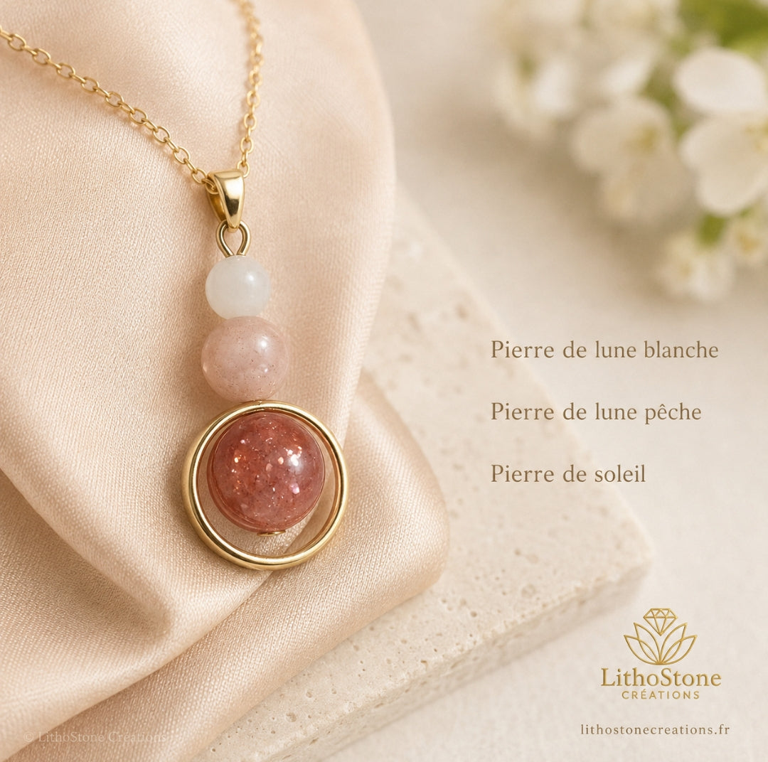 Collier Pendentif Pierre de Lune & Pierre de Soleil - Fait Main en France - Lithostone Creations