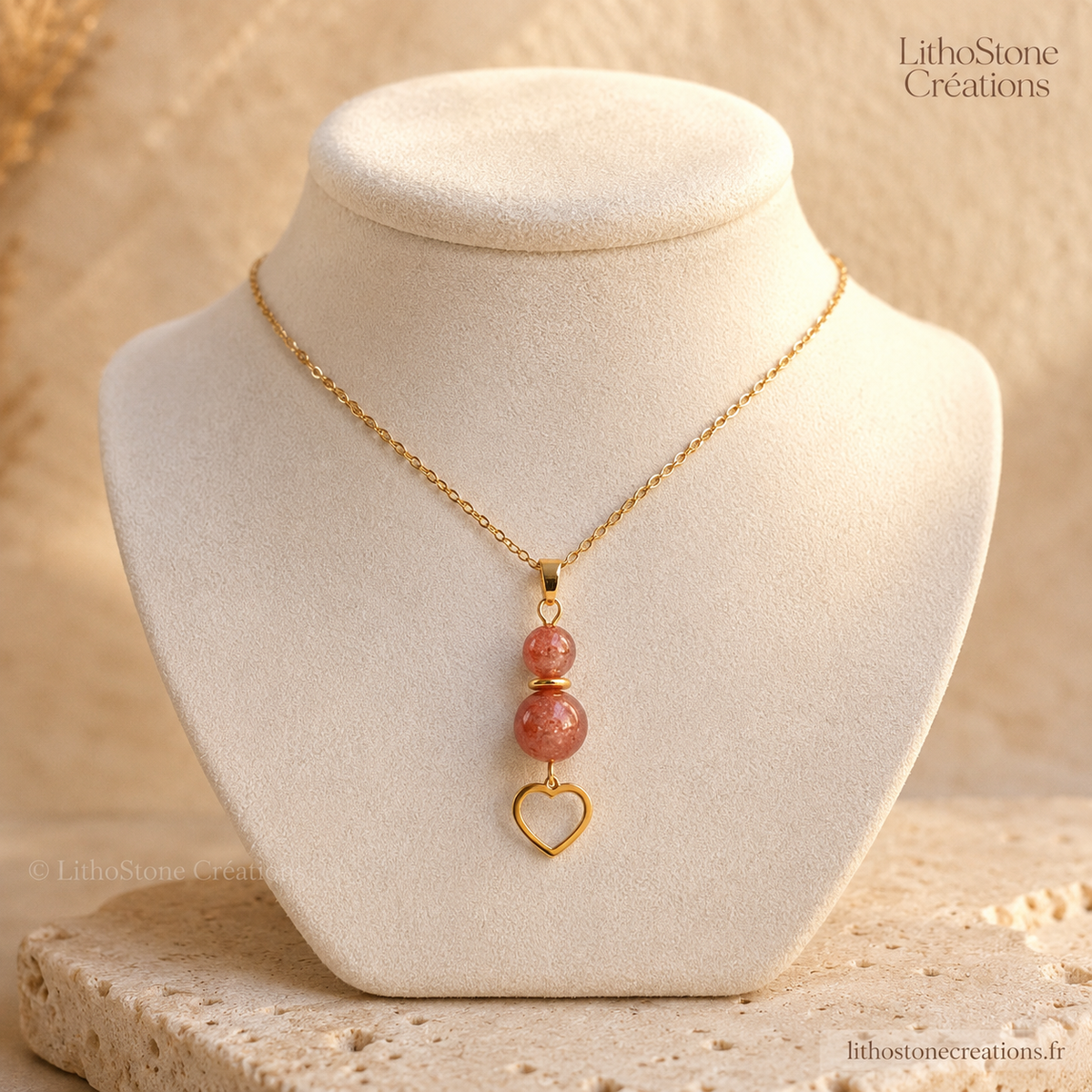 Collier Pierres de Soleil & Cœur Acier - Lithostone
