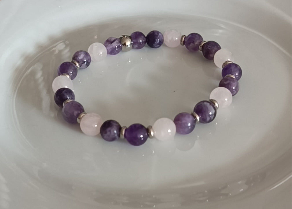 Bracelet en Lépidolite, Améthyste & Quartz Rose – Sérénité & Douceur du cœur