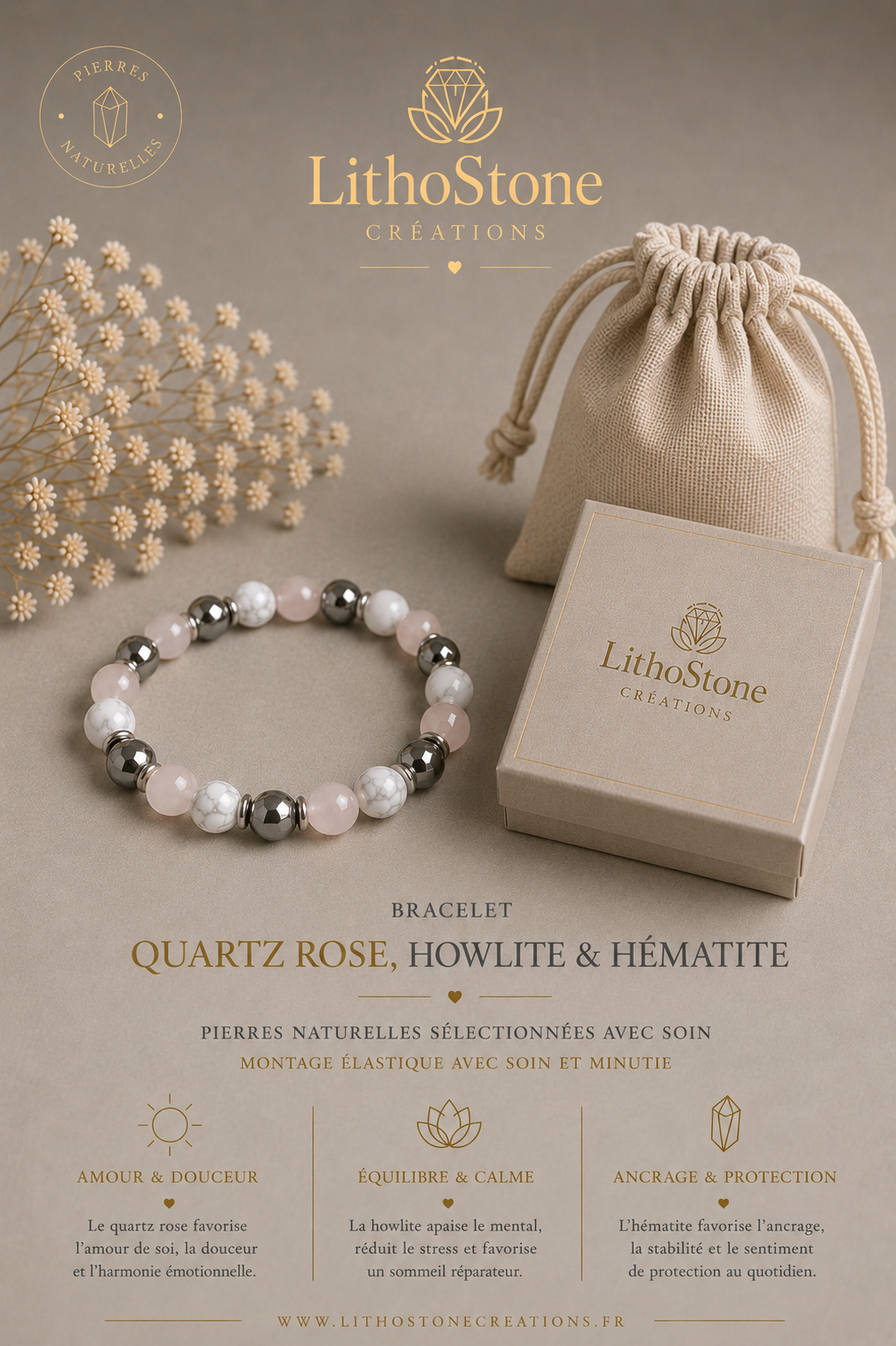 Bracelet Quartz Rose, Howlite & Hématite | Lithostone Creations