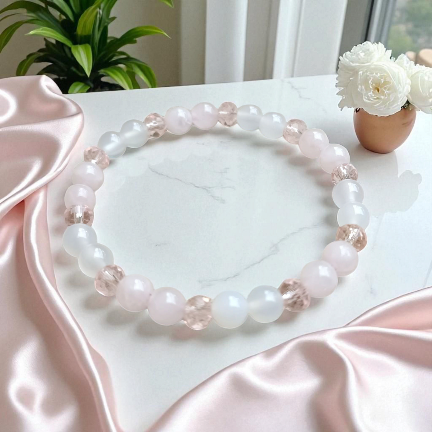 Bracelet en Agate Blanche & Quartz Rose – Douceur & Équilibre