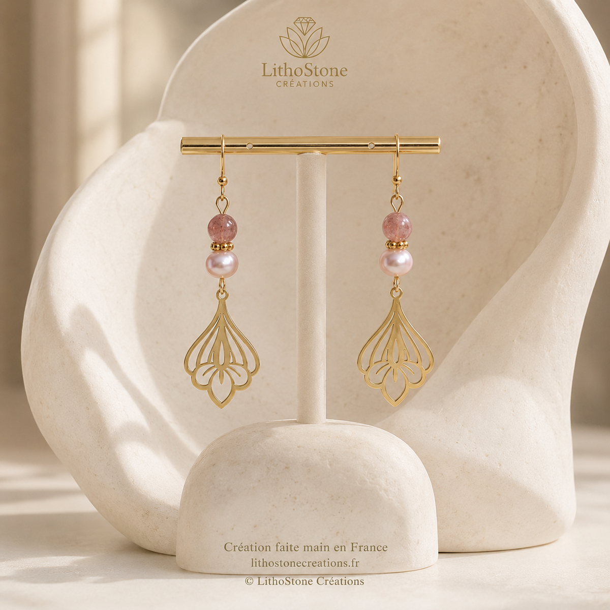 Boucles d'oreilles Pendantes Quartz Fraise & Perle de Culture Baroque - Faites Main