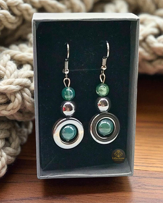 Boucles d’oreilles Agate Mousse & Hématite – Ancrage & Équilibre – Pierres naturelles faites à la main